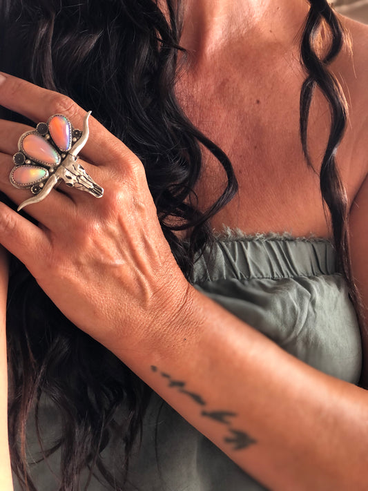 Aurora Borealis Opal Take No Bull Ring Size 9.5