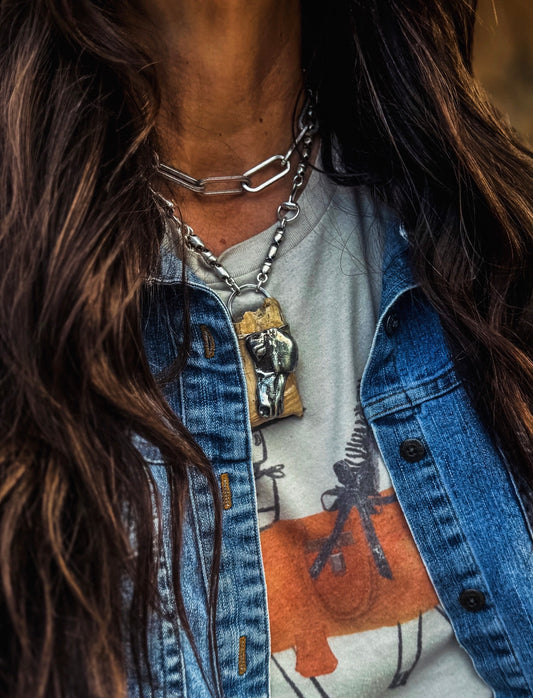 Sterling Horse Head On Bison Tooth Statement Necklace