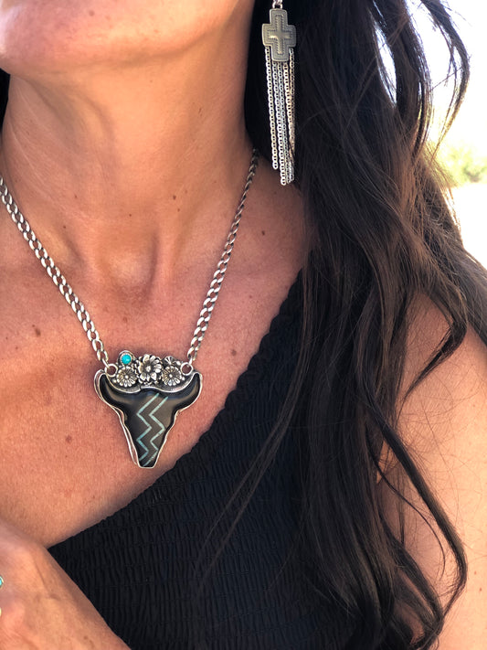 Turquoise Inlay Buffalo Statement Necklace