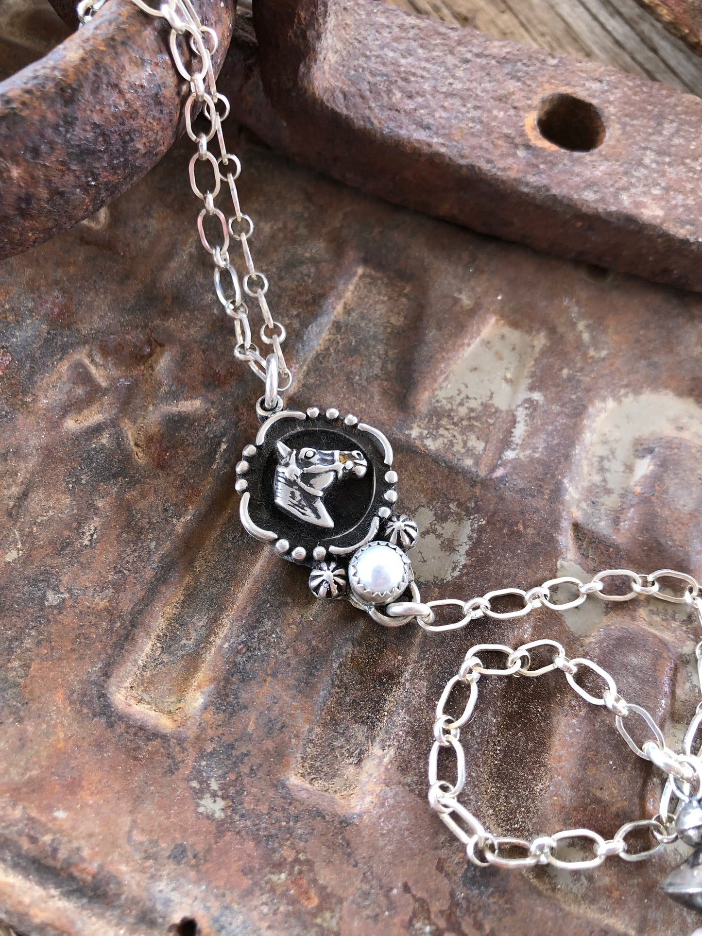 Horse Head & Pearl Lariat Necklace