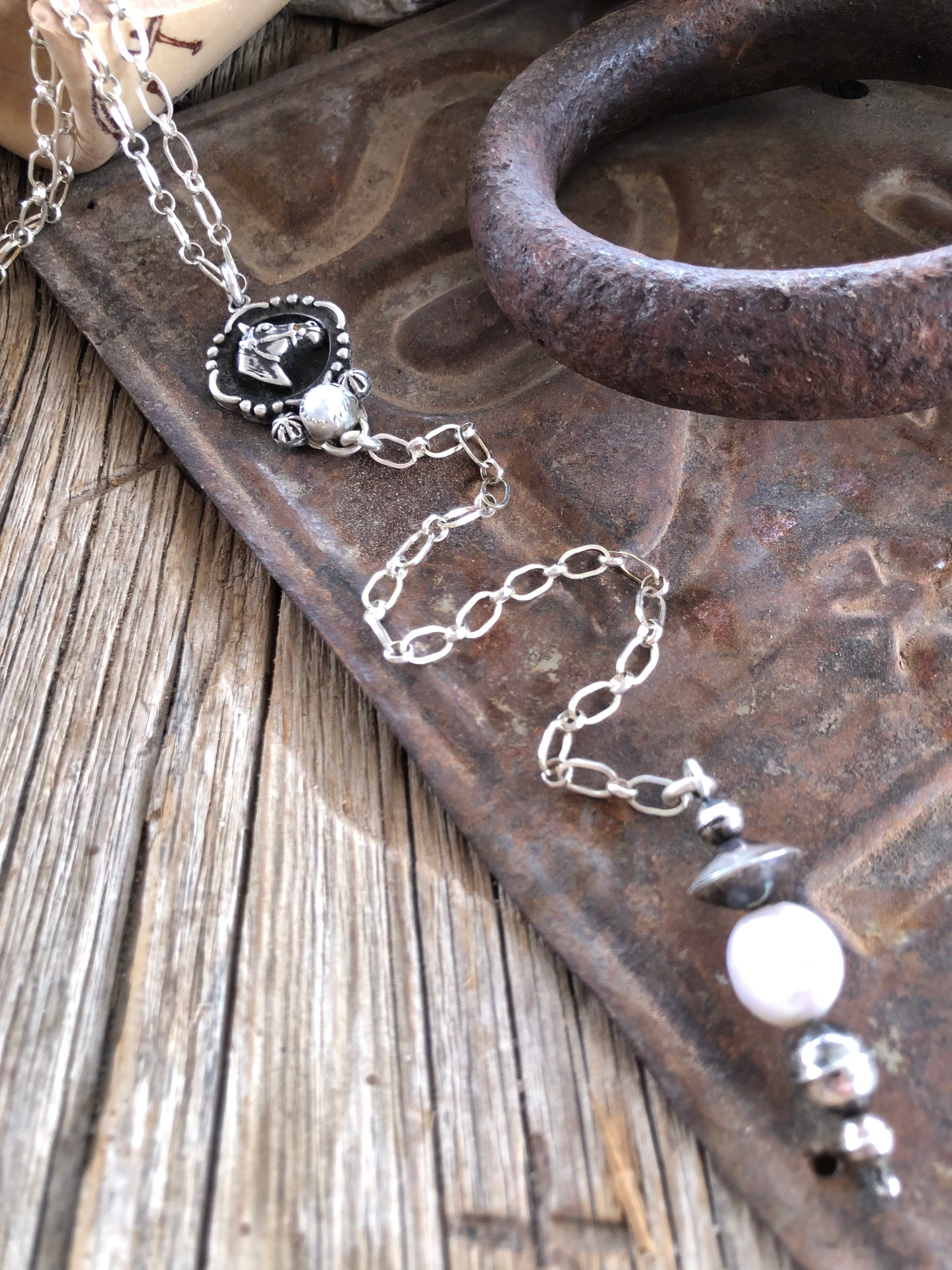 Horse Head & Pearl Lariat Necklace