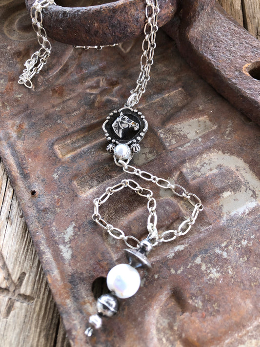 Horse Head & Pearl Lariat Necklace