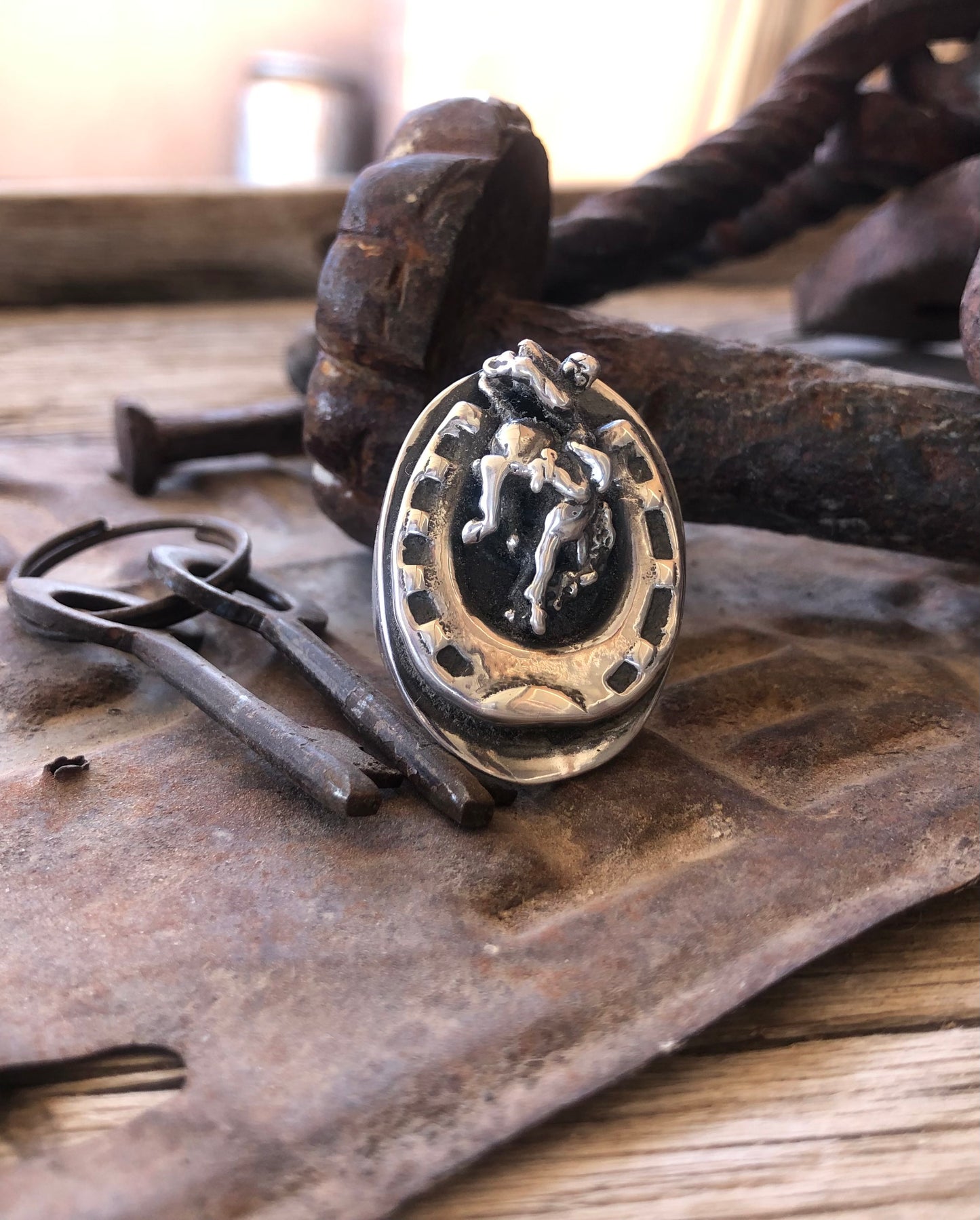 Bronc Rider & Horseshoe Statement Ring Size 9.5