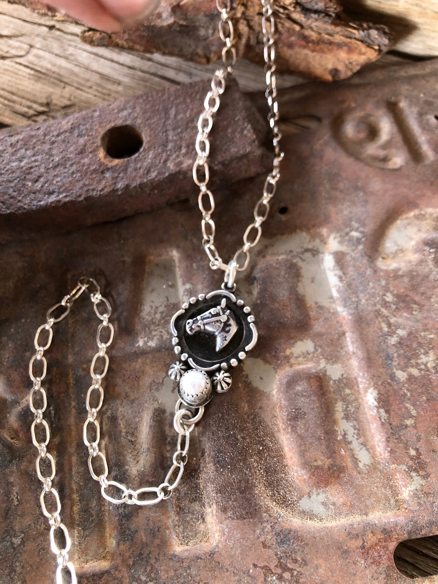 Horse Head & Pearl Lariat Necklace