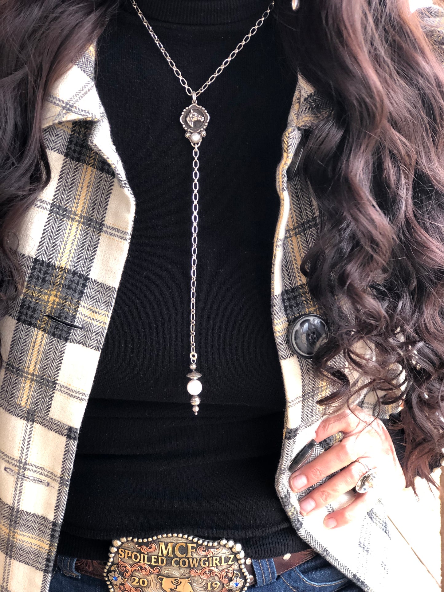 Horse Head & Pearl Lariat Necklace