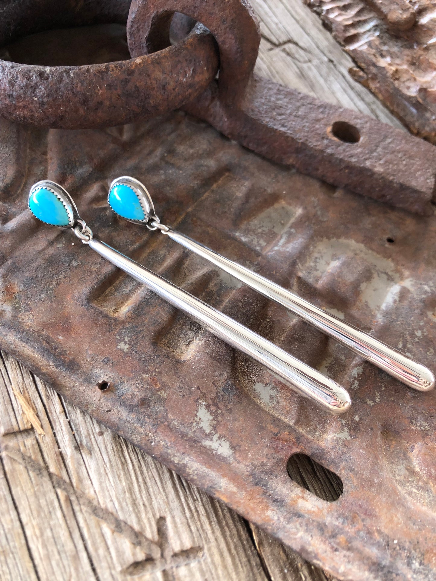 Very Long Sterling Silver & Turquoise Earrings