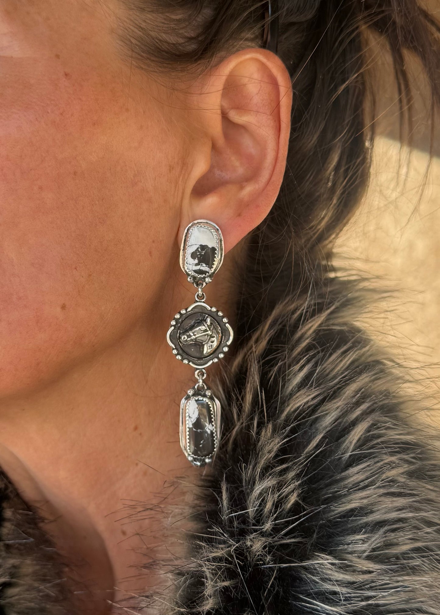 White Buffalo Horse Cameo Earrings