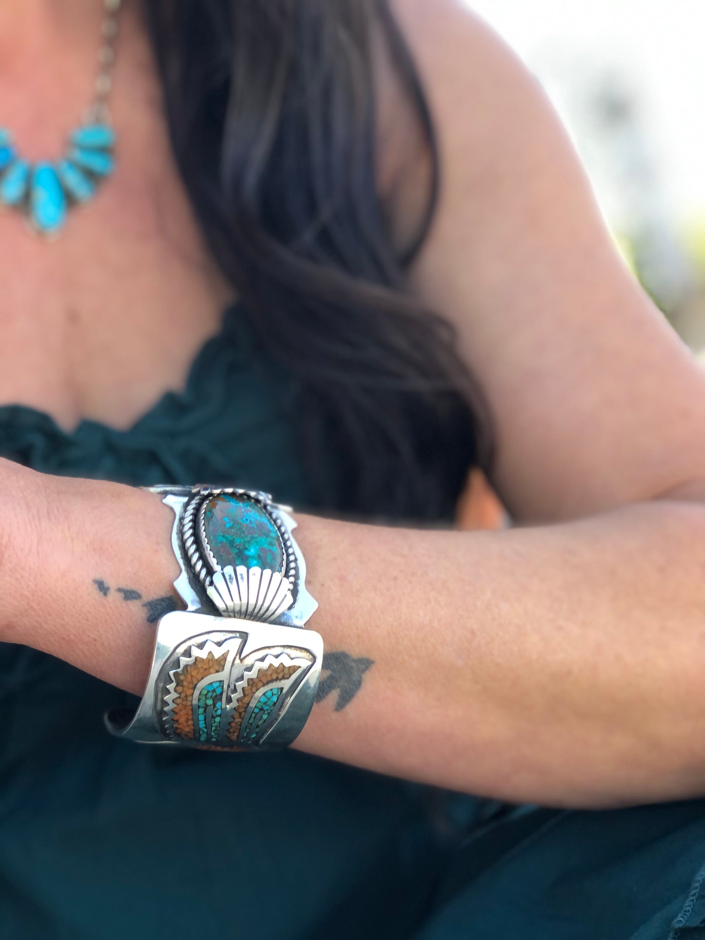 Vtg Chip Inlay Eagle & Chrysocola Cuff Bracelet