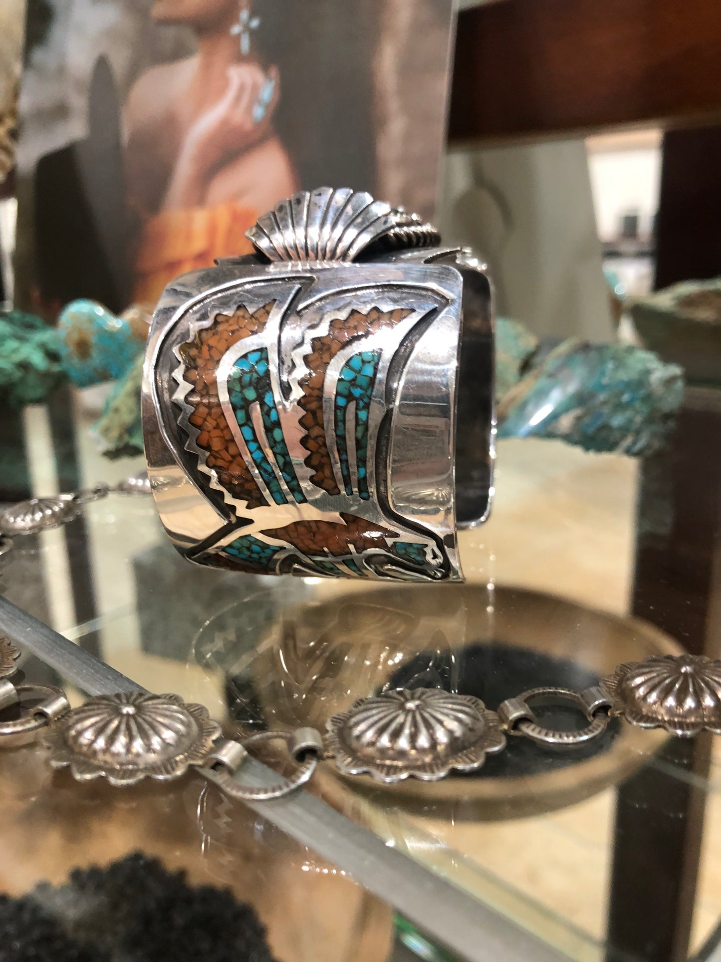 Vtg Chip Inlay Eagle & Chrysocola Cuff Bracelet