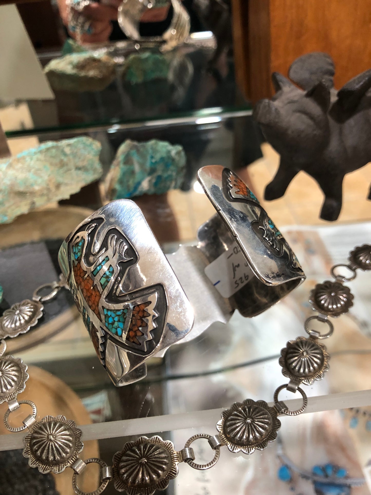Vtg Chip Inlay Eagle & Chrysocola Cuff Bracelet