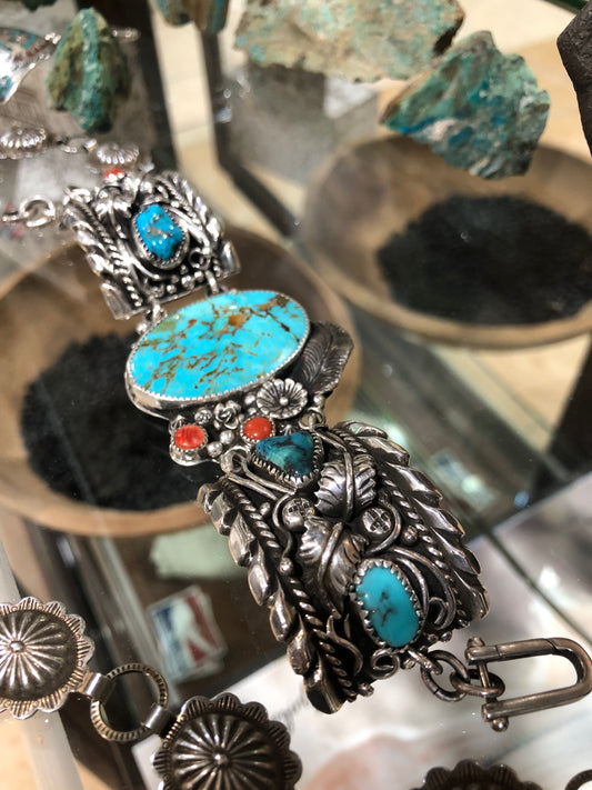 Vtg Coral & Turquoise Leaf Bracelet