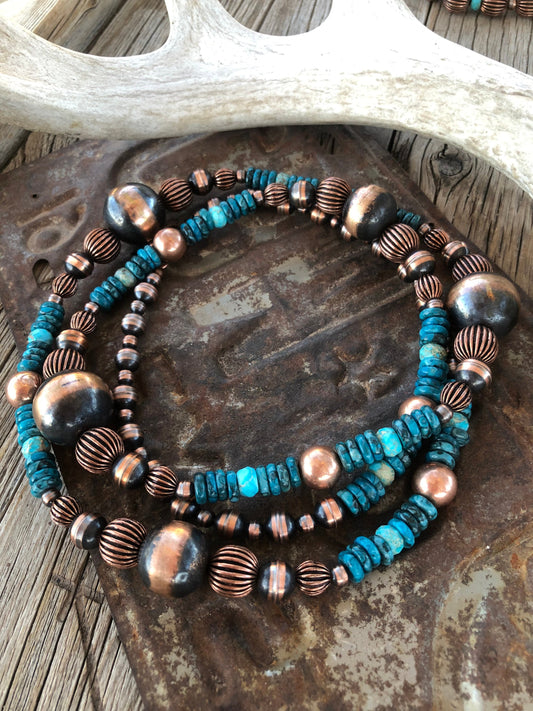 Bold Graduated Copper Navajo Pearl & Turquoise Necklace**SALE