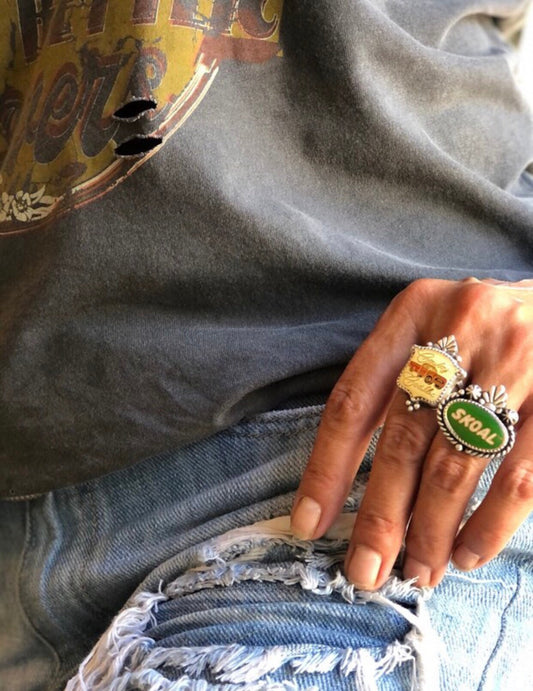 Size 6.5 "SKOAL", Upcycled Trucker Hat Pin Ring