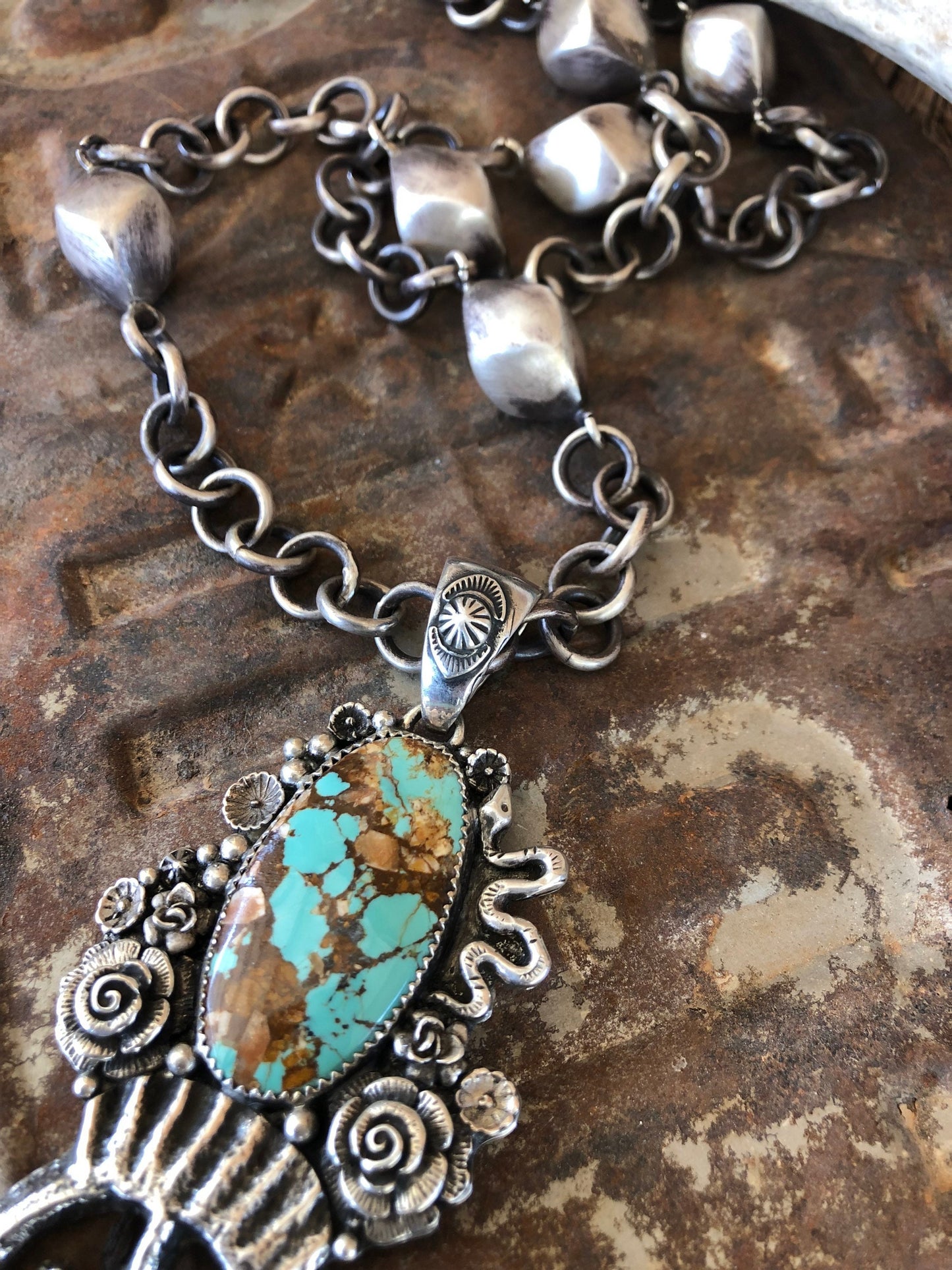 Sterling Silver & Baja Turquoise Tufa Cast Naja Statement Necklace**SALE
