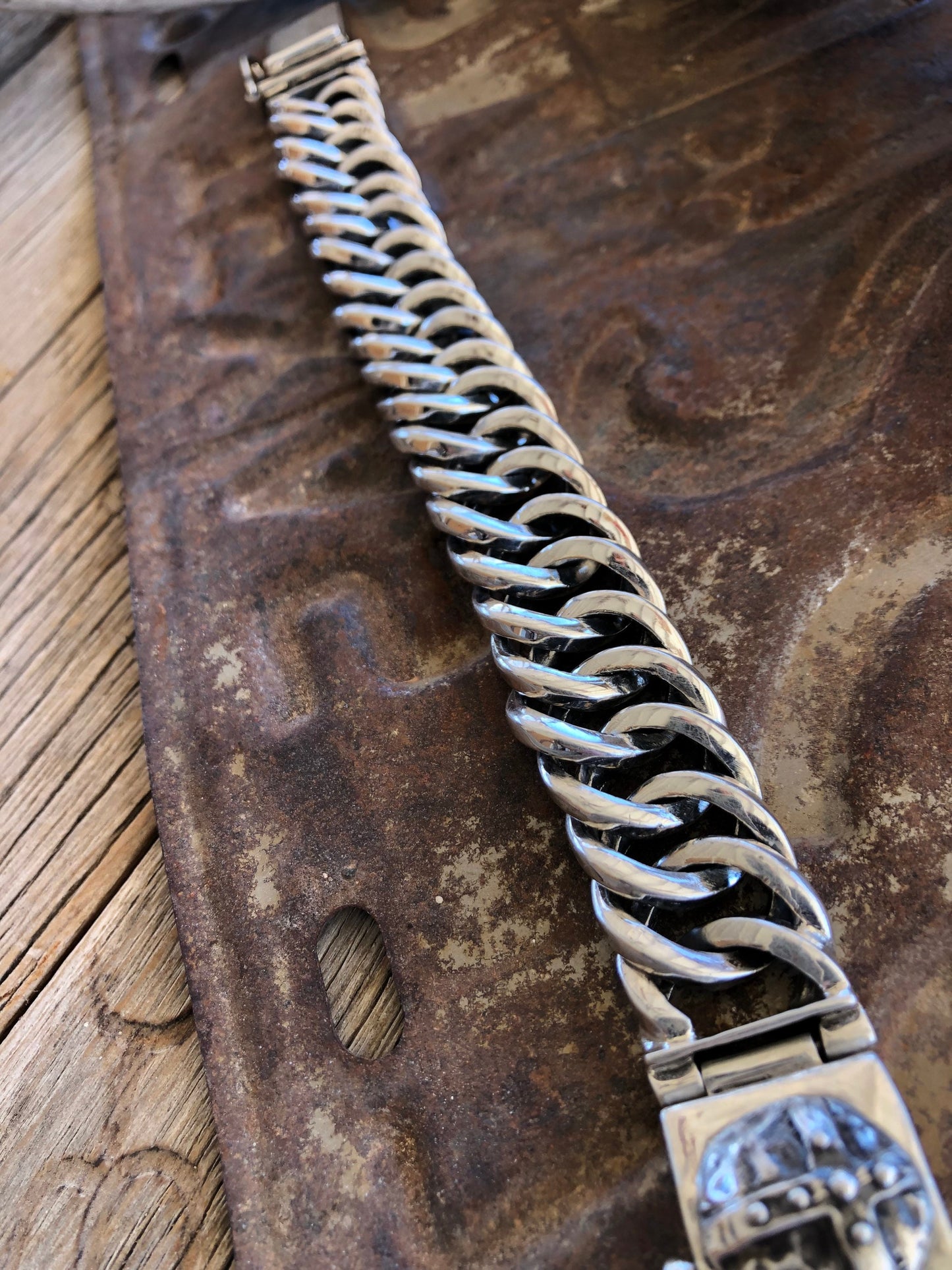 Heavy Sterling Silver Weaved Chain Bracelet with Cross On Closure