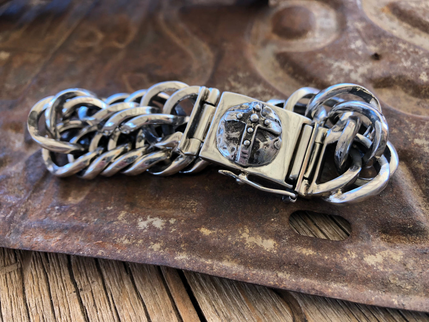 Heavy Sterling Silver Weaved Chain Bracelet with Cross On Closure