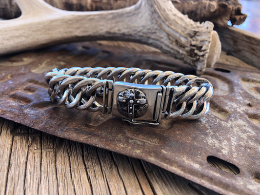 Heavy Sterling Silver Weaved Chain Bracelet with Cross On Closure