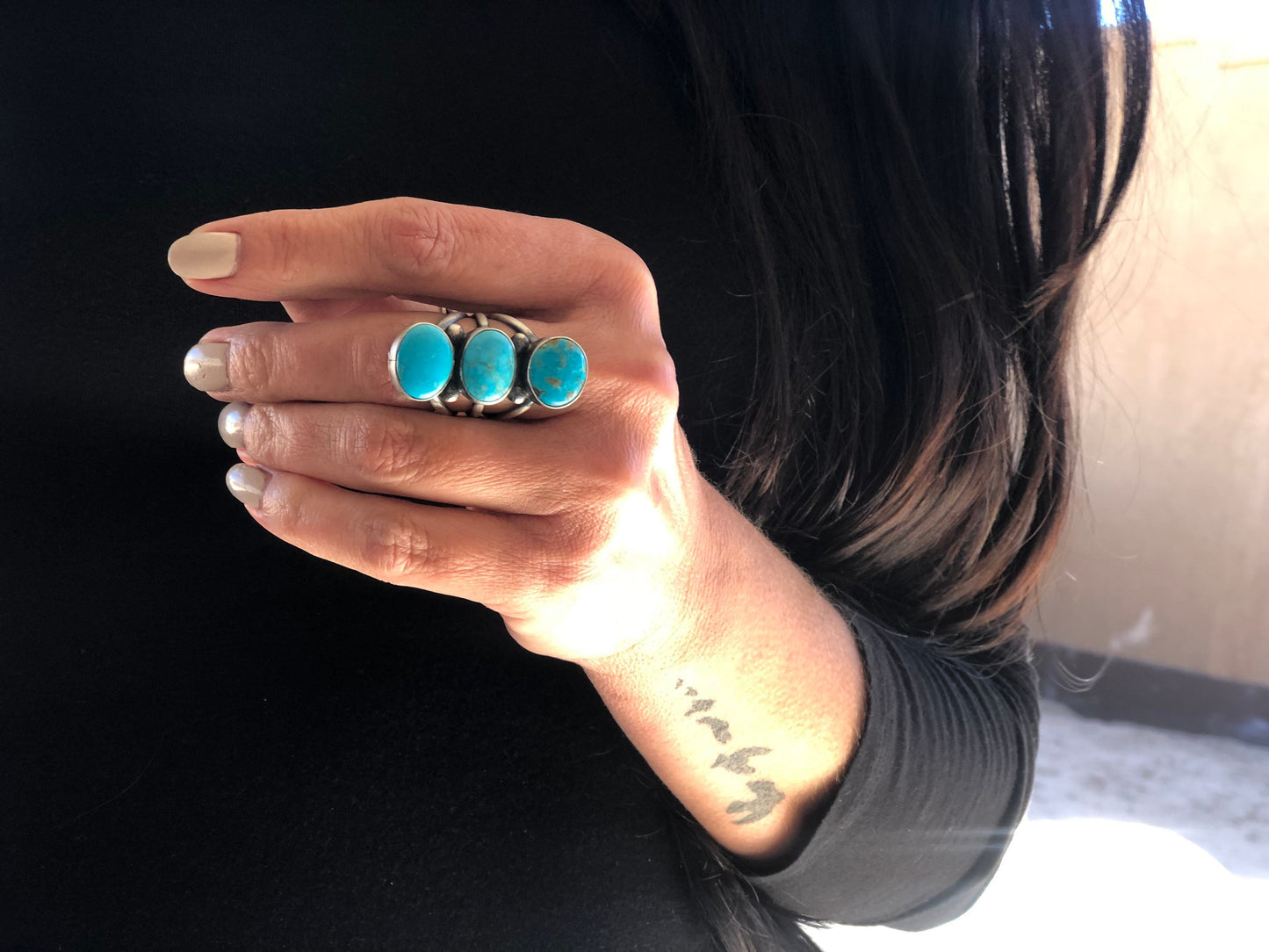 Beautiful Kingman Turquoise & Sterling Silver 3 Stone Statement Ring