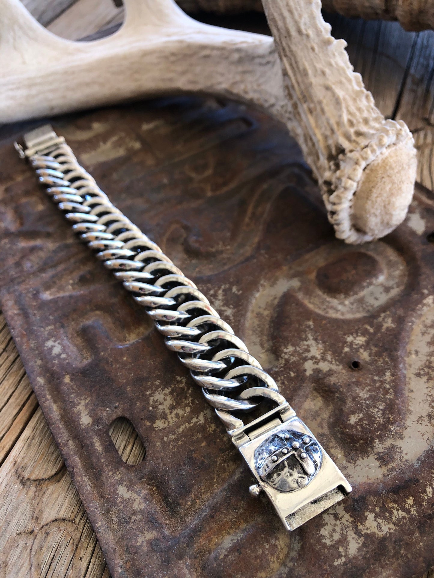 Heavy Sterling Silver Weaved Chain Bracelet with Cross On Closure