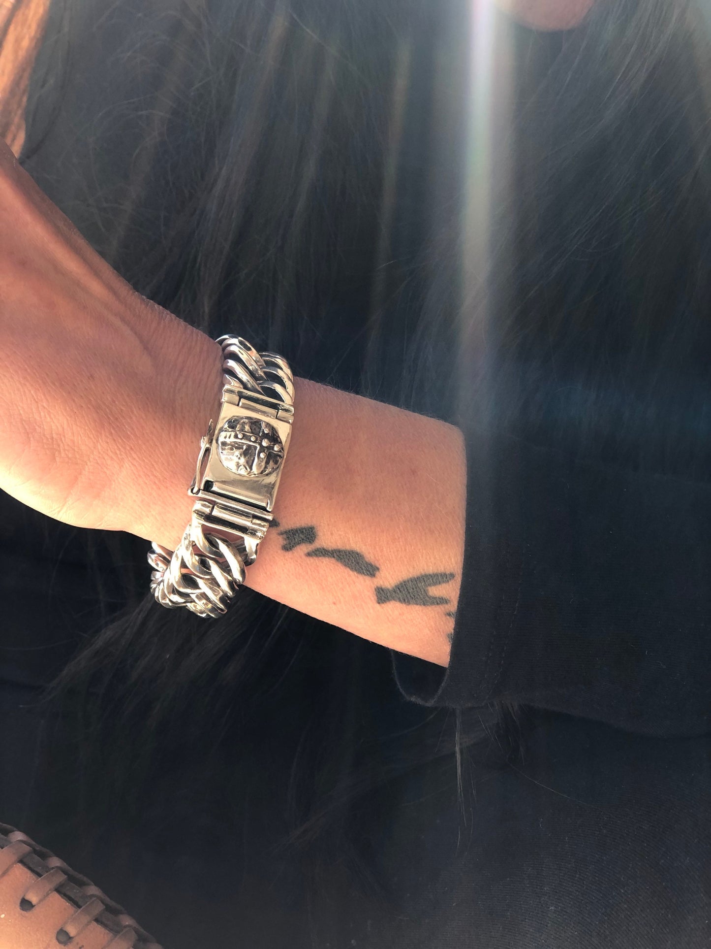 Heavy Sterling Silver Weaved Chain Bracelet with Cross On Closure