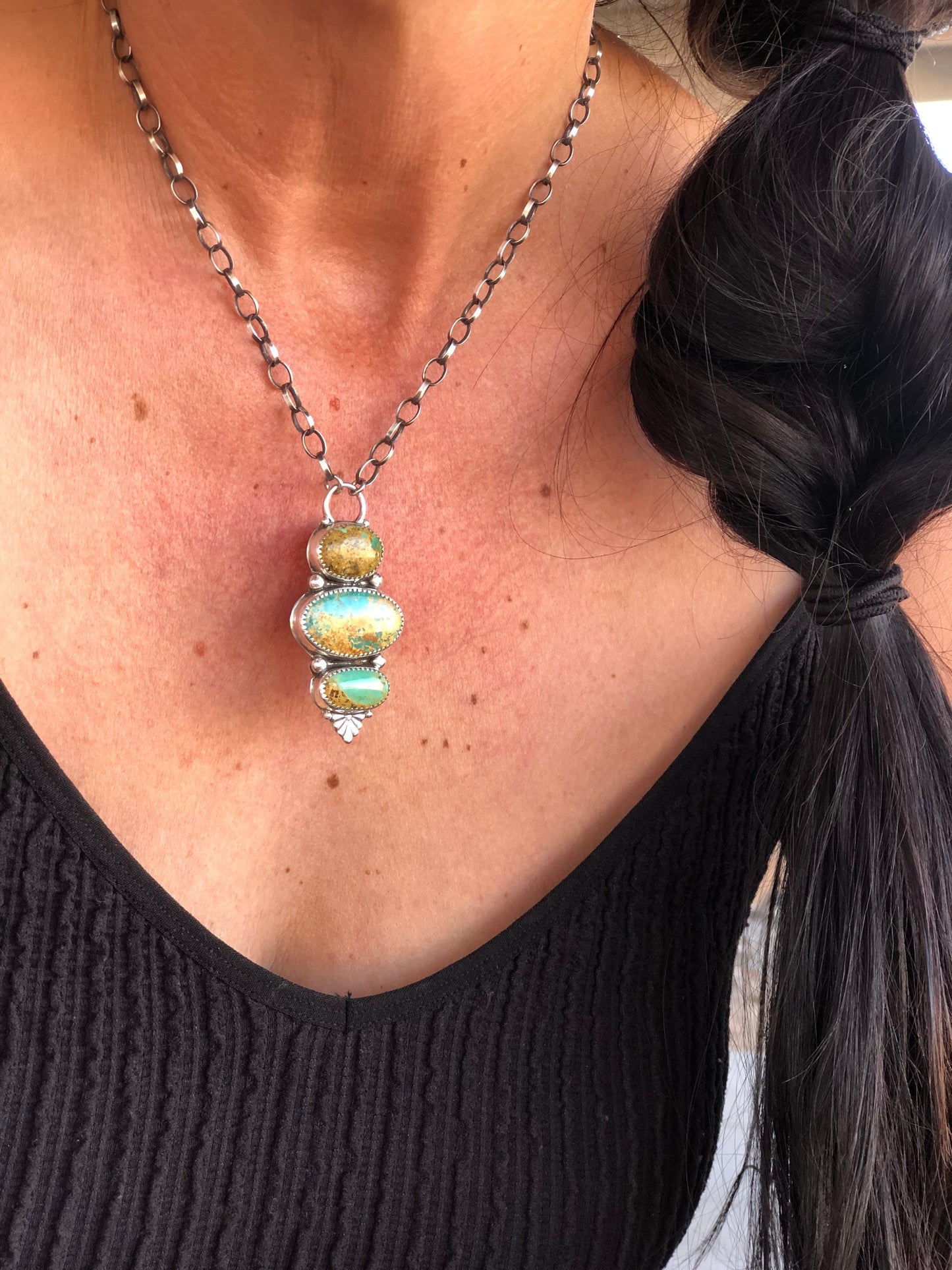 Sterling Silver & AAA Royston Turquoise 3 Stone Necklace**SALE