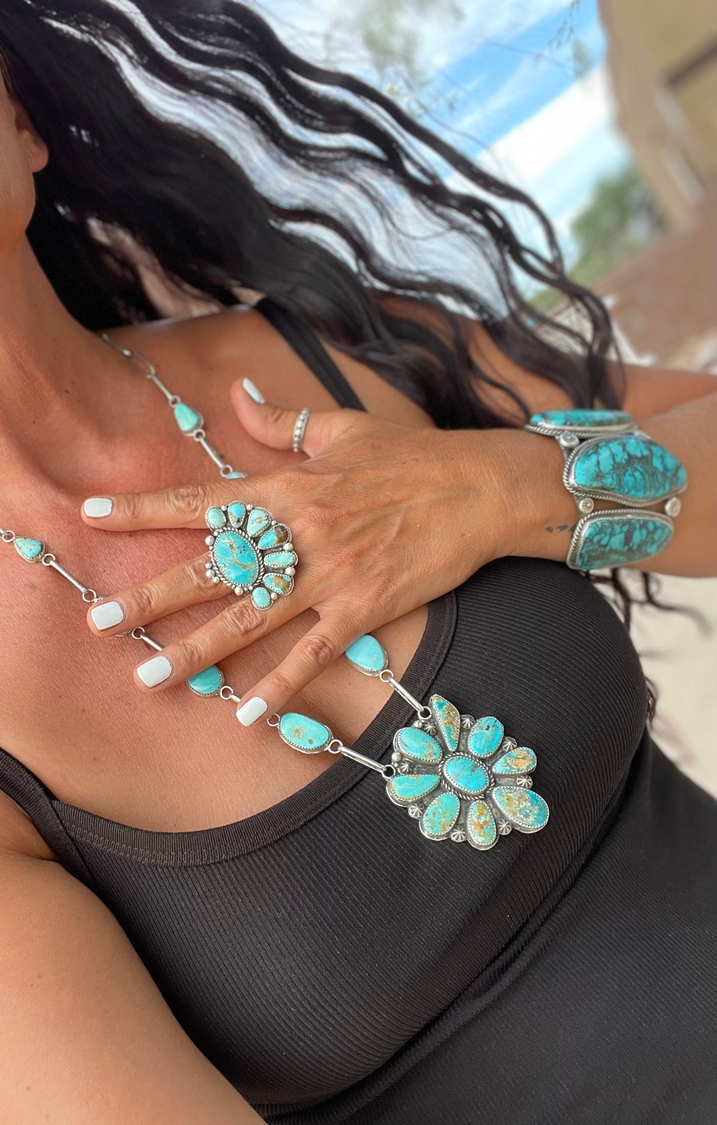 Huge Sterling & Mixed Mine Turquoise Cluster Necklace