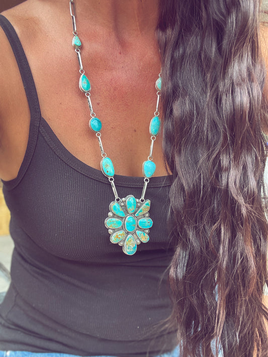 Huge Sterling & Mixed Mine Turquoise Cluster Necklace
