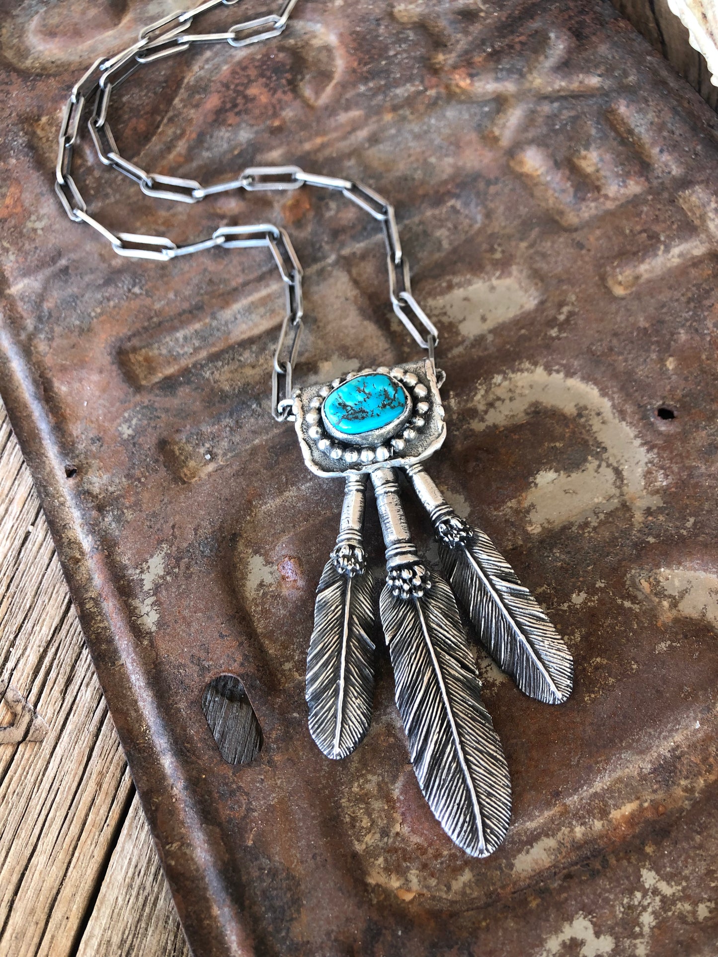 Sterling Silver & Kingman Turquoise Feather Necklace**SALE
