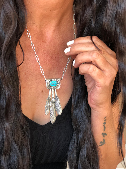 Sterling Silver & Kingman Turquoise Feather Necklace**SALE