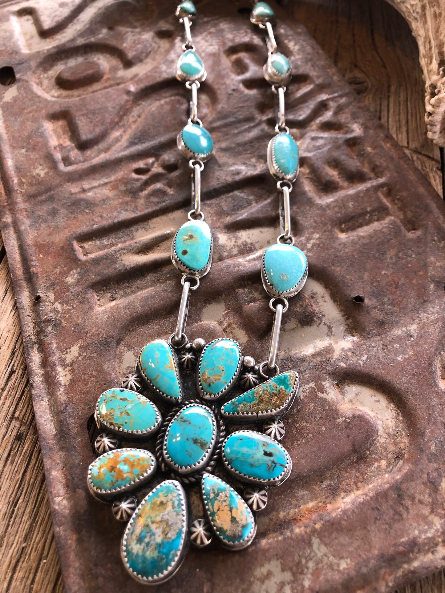 Huge Sterling & Mixed Mine Turquoise Cluster Necklace