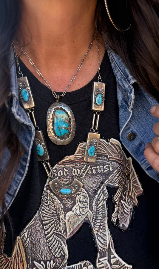 Vintage Navajo Sterling Silver & Turquoise Boxy Statement Necklace – Circa 1970