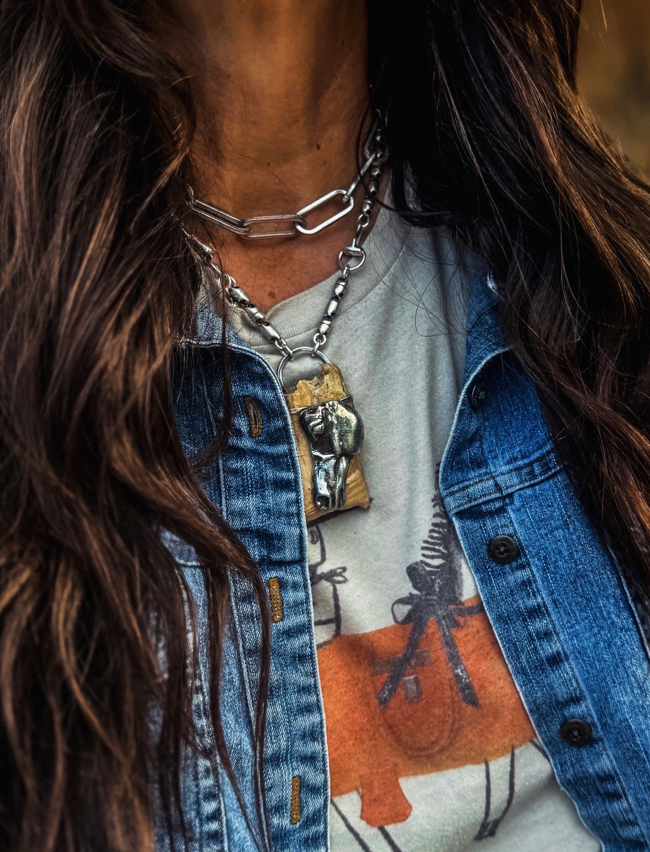 Sterling Horse Head On Bison Tooth Statement Necklace