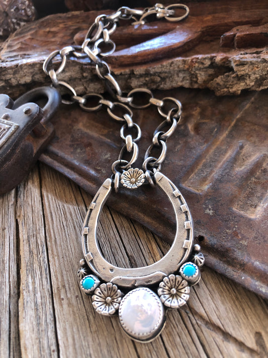 Big Rustic Sterling Silver/Kingman Turquoise & Pearl Horseshoe Necklace**SALE