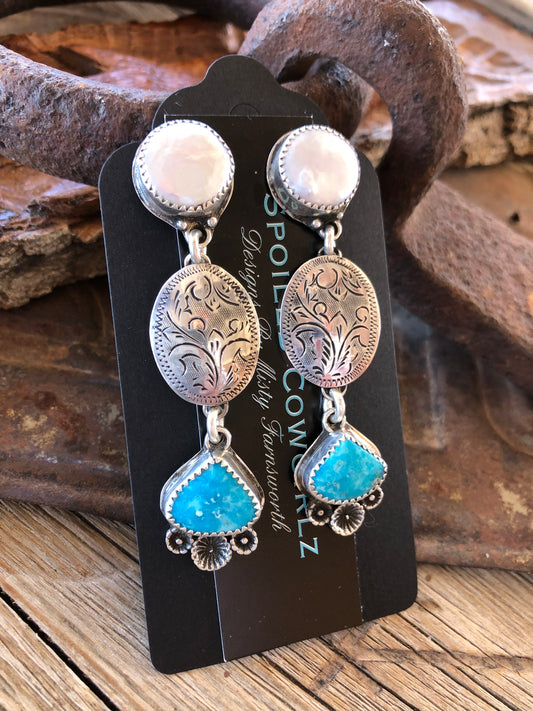 Engraved Sterling Earrings w/ Pearl & Kingman Turquoise