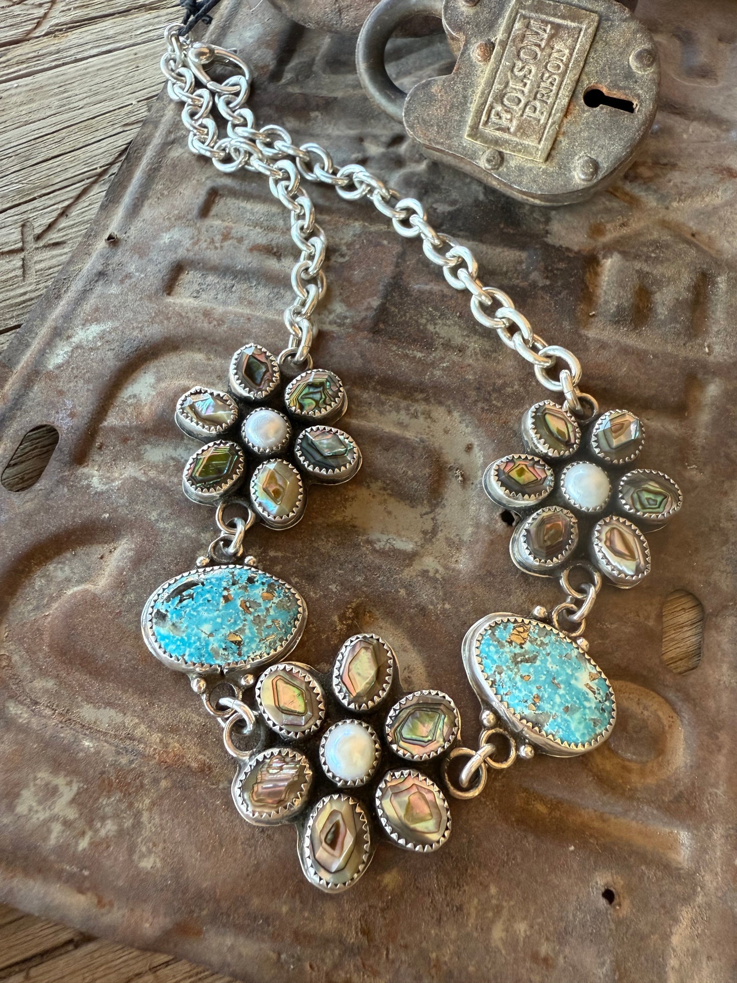 Persian Turquoise/Abalone & Pearl Flower Necklace