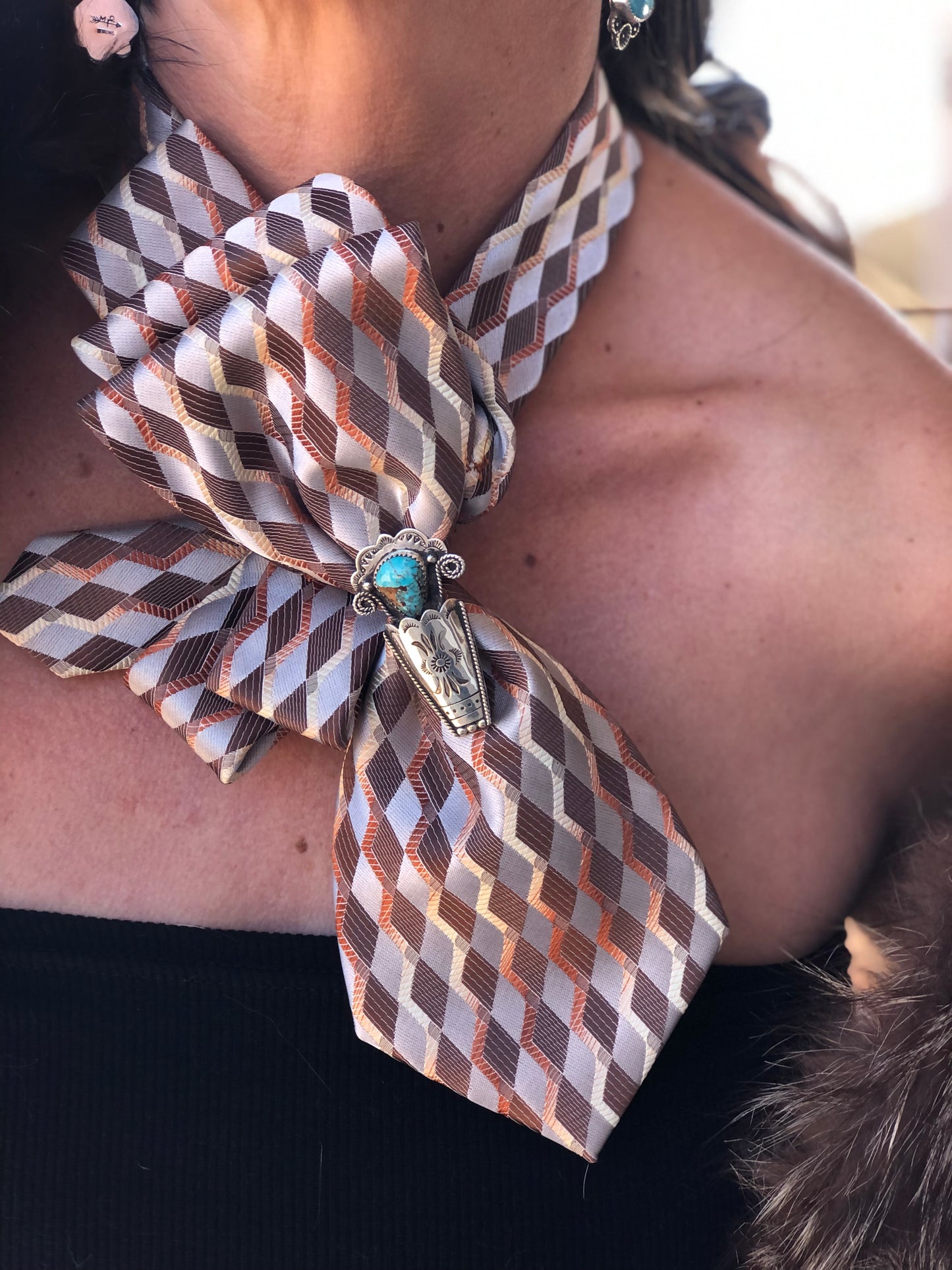 Repurposed Necktie w/Turquoise Brooch