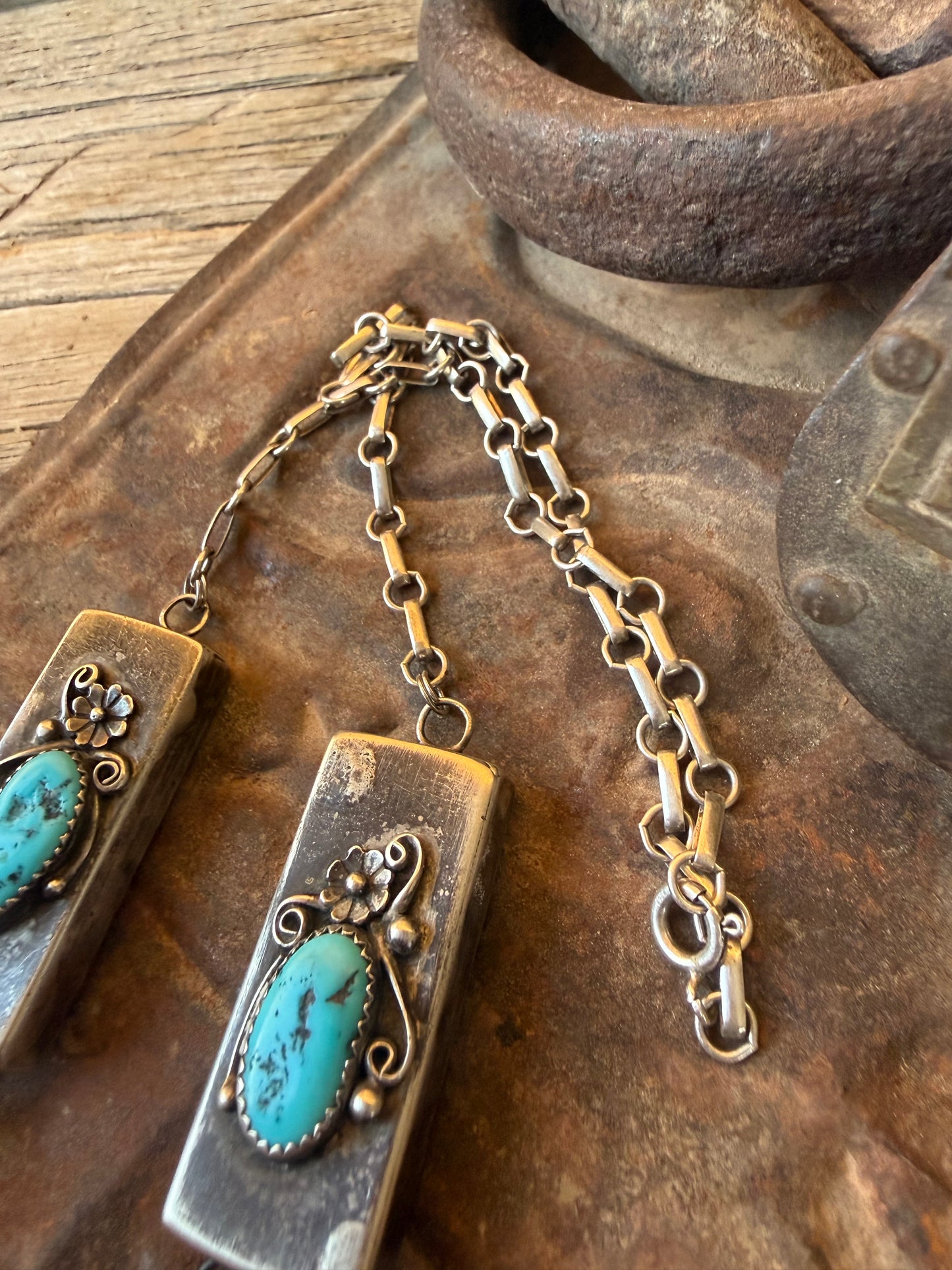 Vintage Navajo Sterling Silver & Turquoise Boxy Statement Necklace – Circa 1970