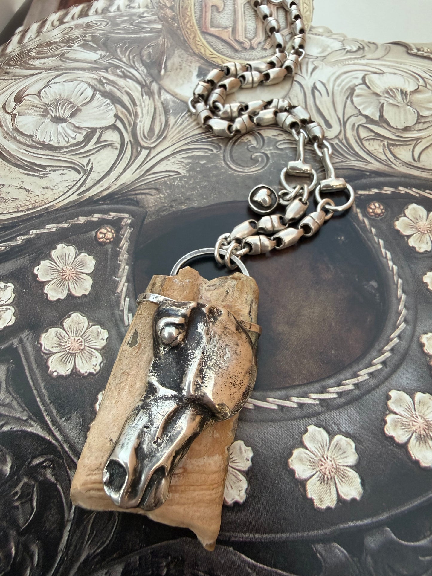 Sterling Horse Head On Bison Tooth Statement Necklace