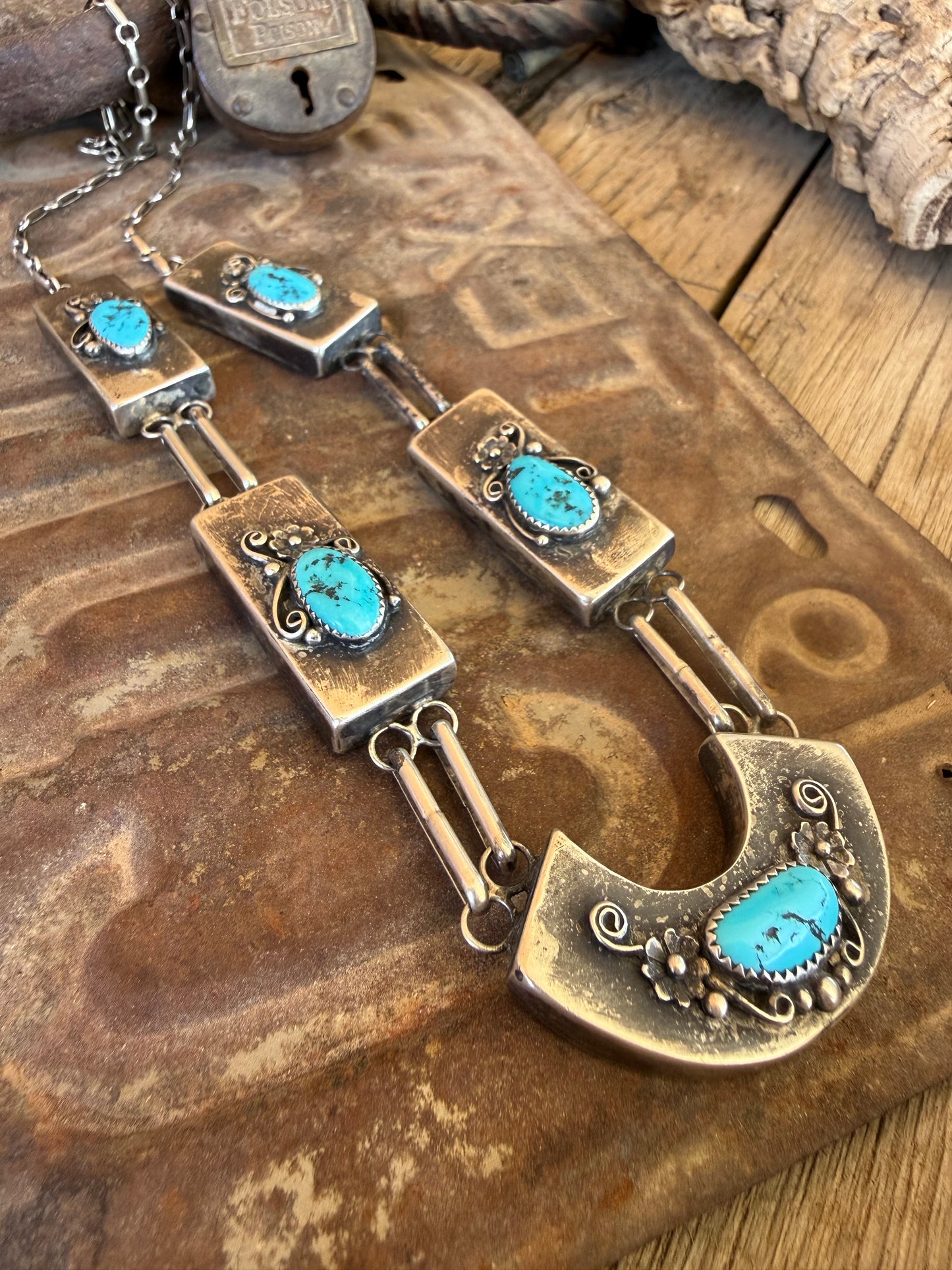 Vintage Navajo Sterling Silver & Turquoise Boxy Statement Necklace – Circa 1970