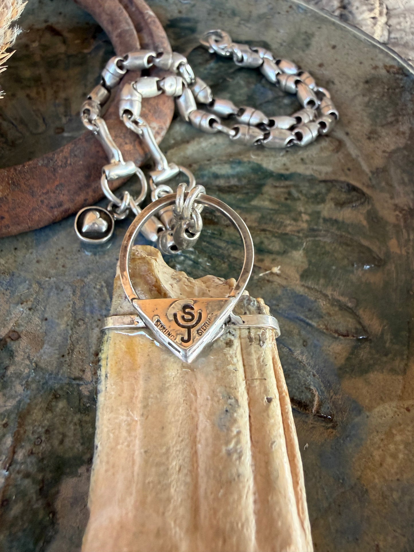 Sterling Horse Head On Bison Tooth Statement Necklace