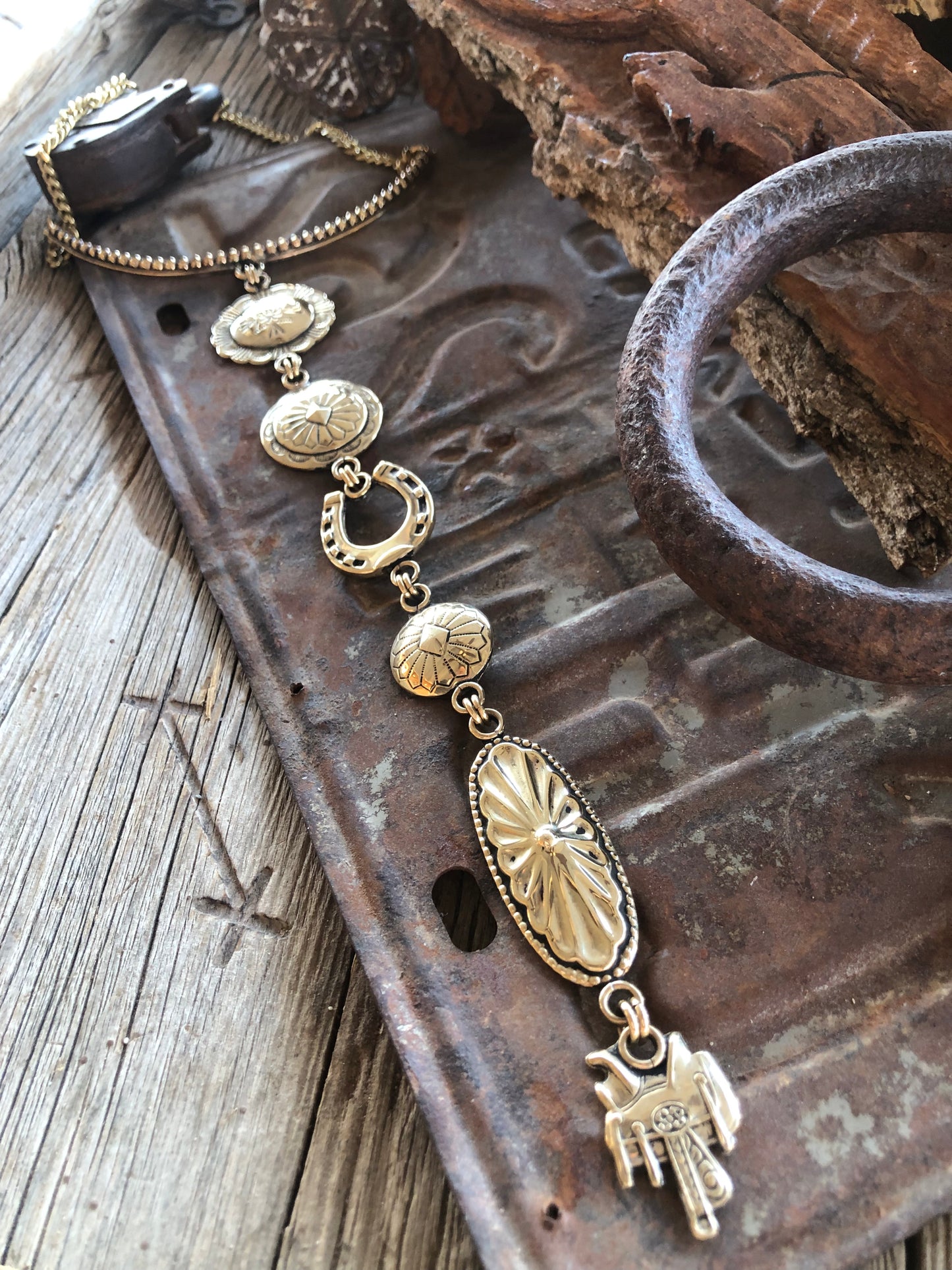 Solid Brass Concho Lariat Statement Necklace