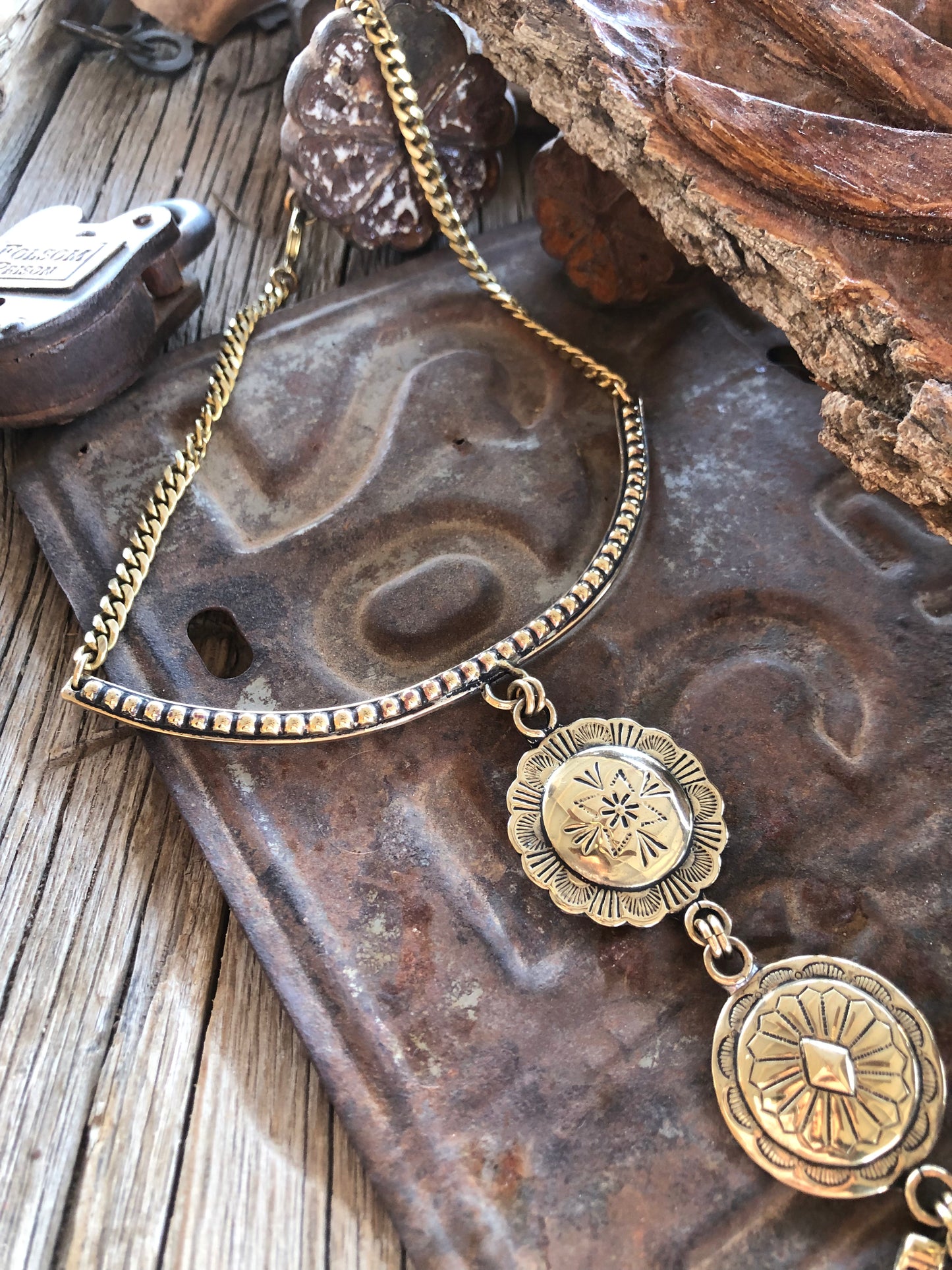 Solid Brass Concho Lariat Statement Necklace