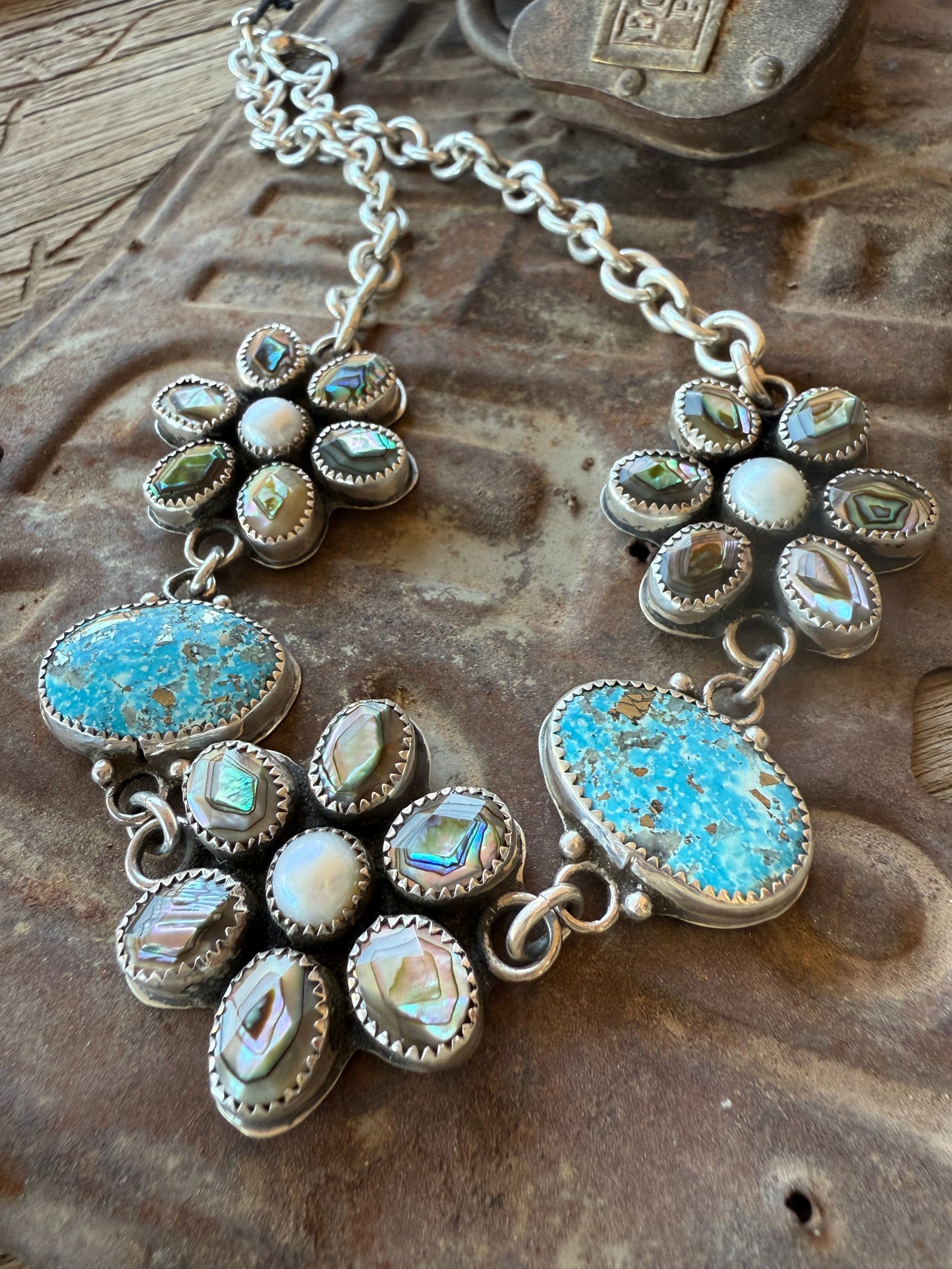 Persian Turquoise/Abalone & Pearl Flower Necklace