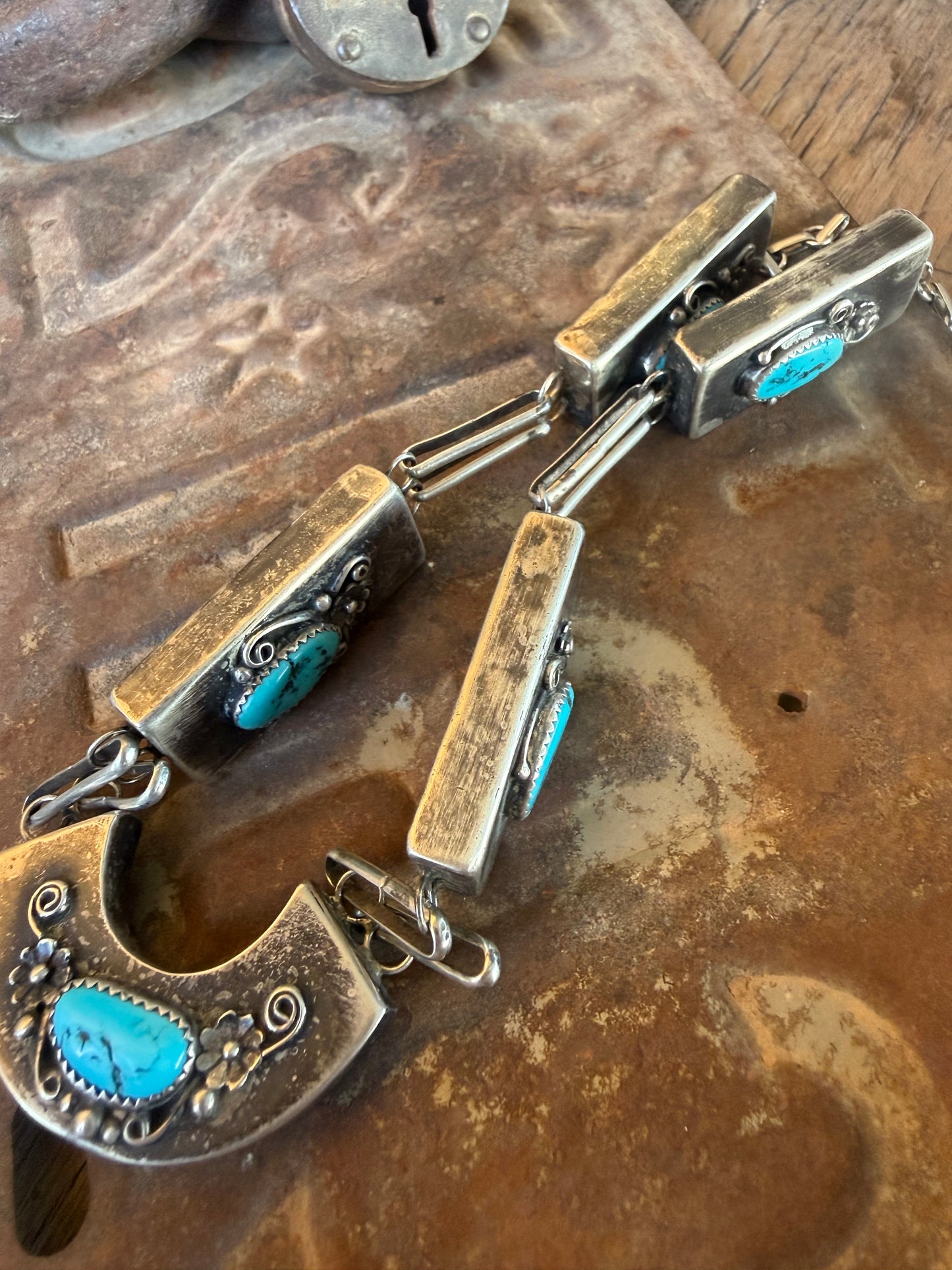 Vintage Navajo Sterling Silver & Turquoise Boxy Statement Necklace – Circa 1970