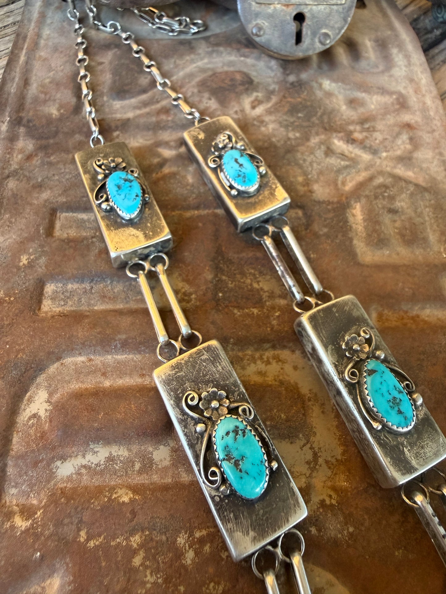 Vintage Navajo Sterling Silver & Turquoise Boxy Statement Necklace – Circa 1970