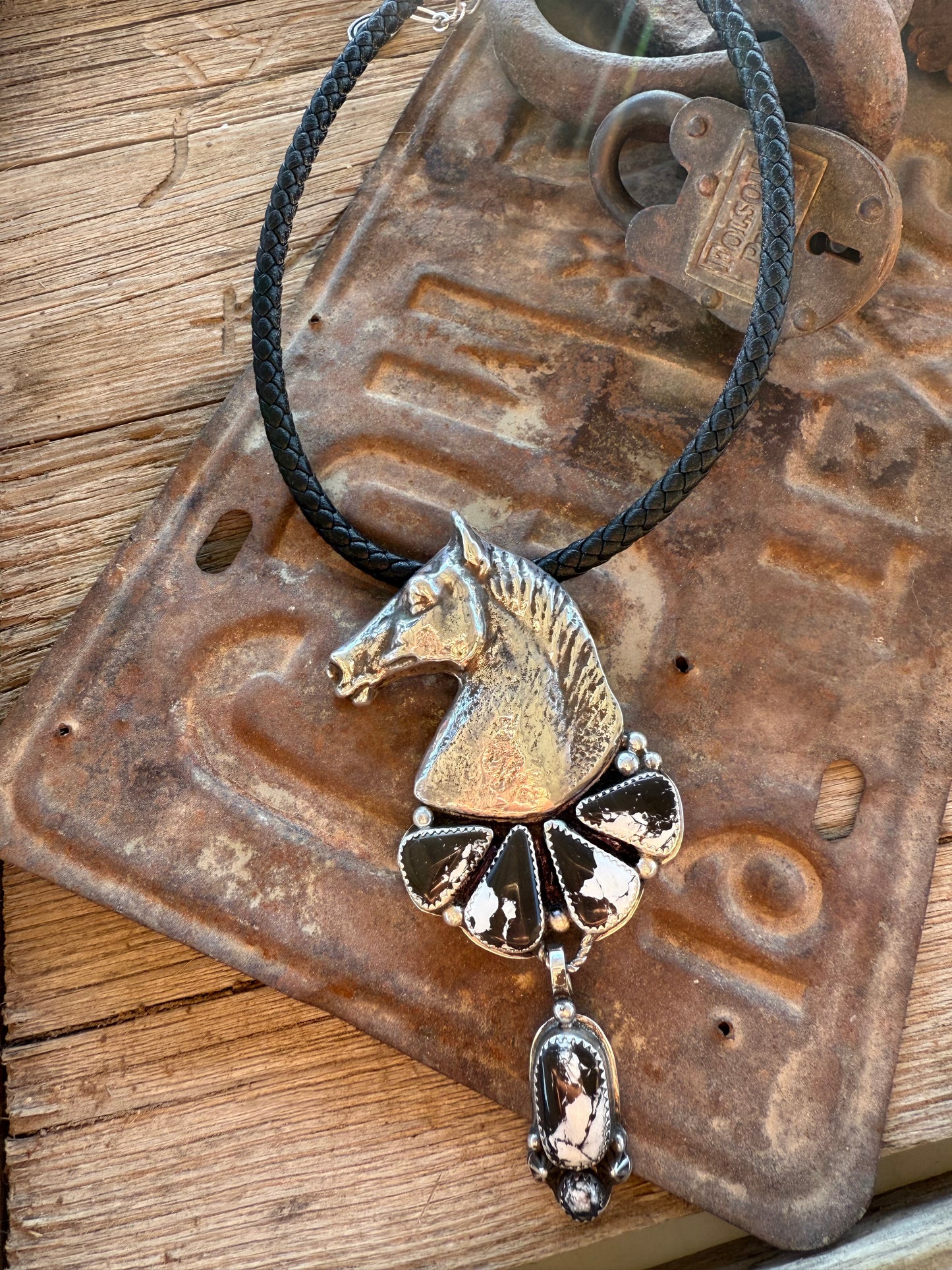 Sterling Horse Bust & White Buffalo Statement Necklace