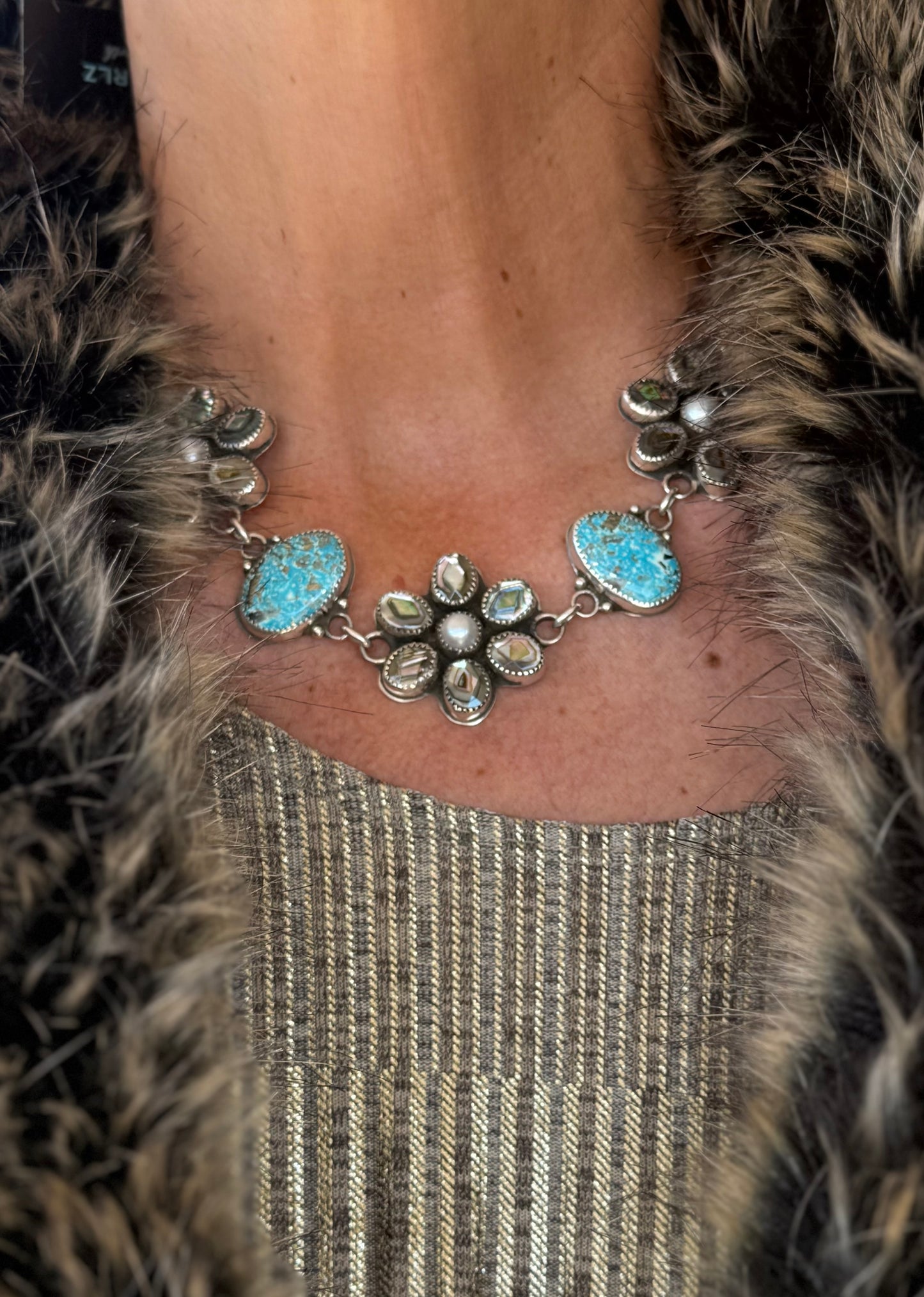 Persian Turquoise/Abalone & Pearl Flower Necklace