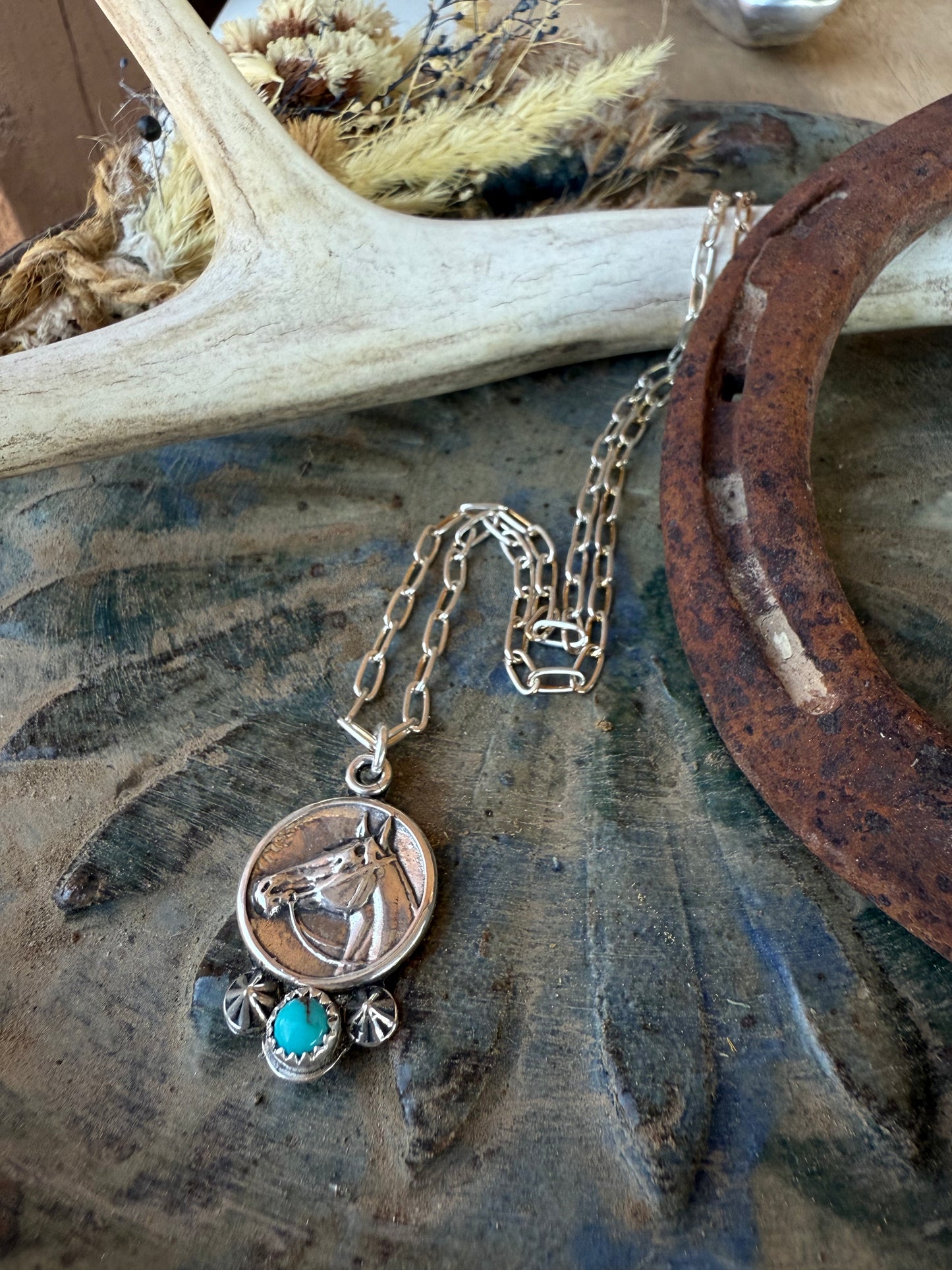 .925 Kingman Turquoise Horse Cameo Necklace