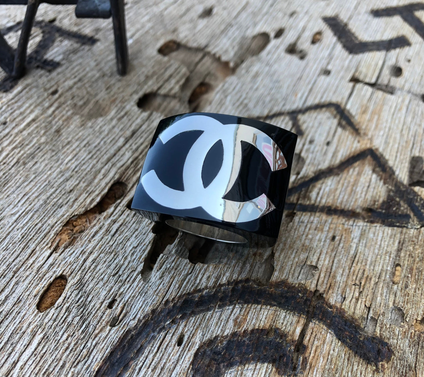 Size 5 Black Resin & Silver CC Statement Ring