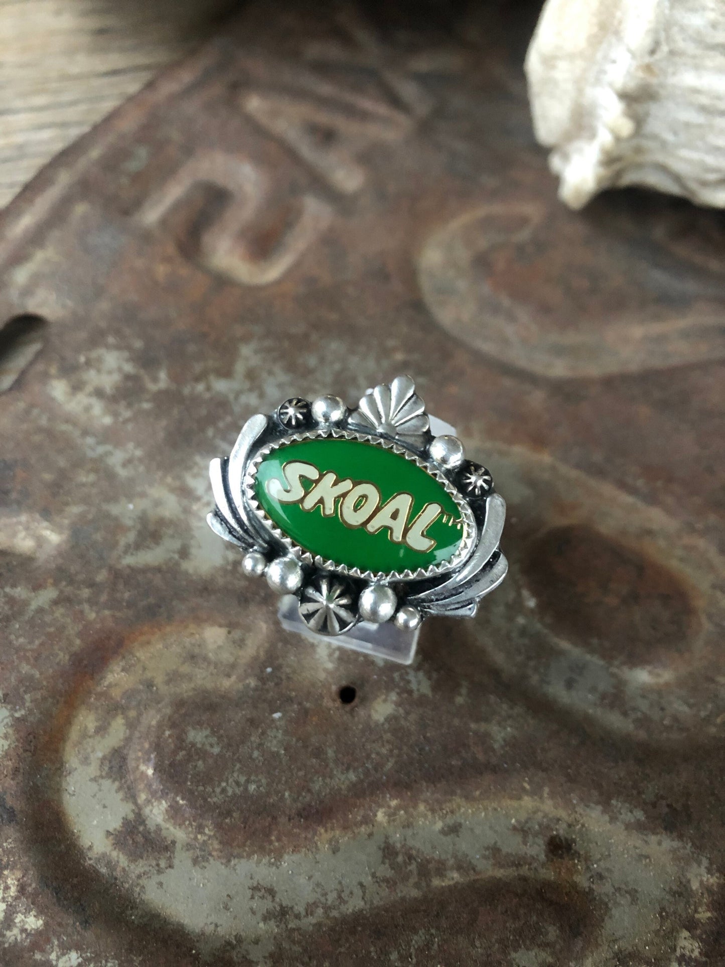 Size 6.5 "SKOAL", Upcycled Trucker Hat Pin Ring